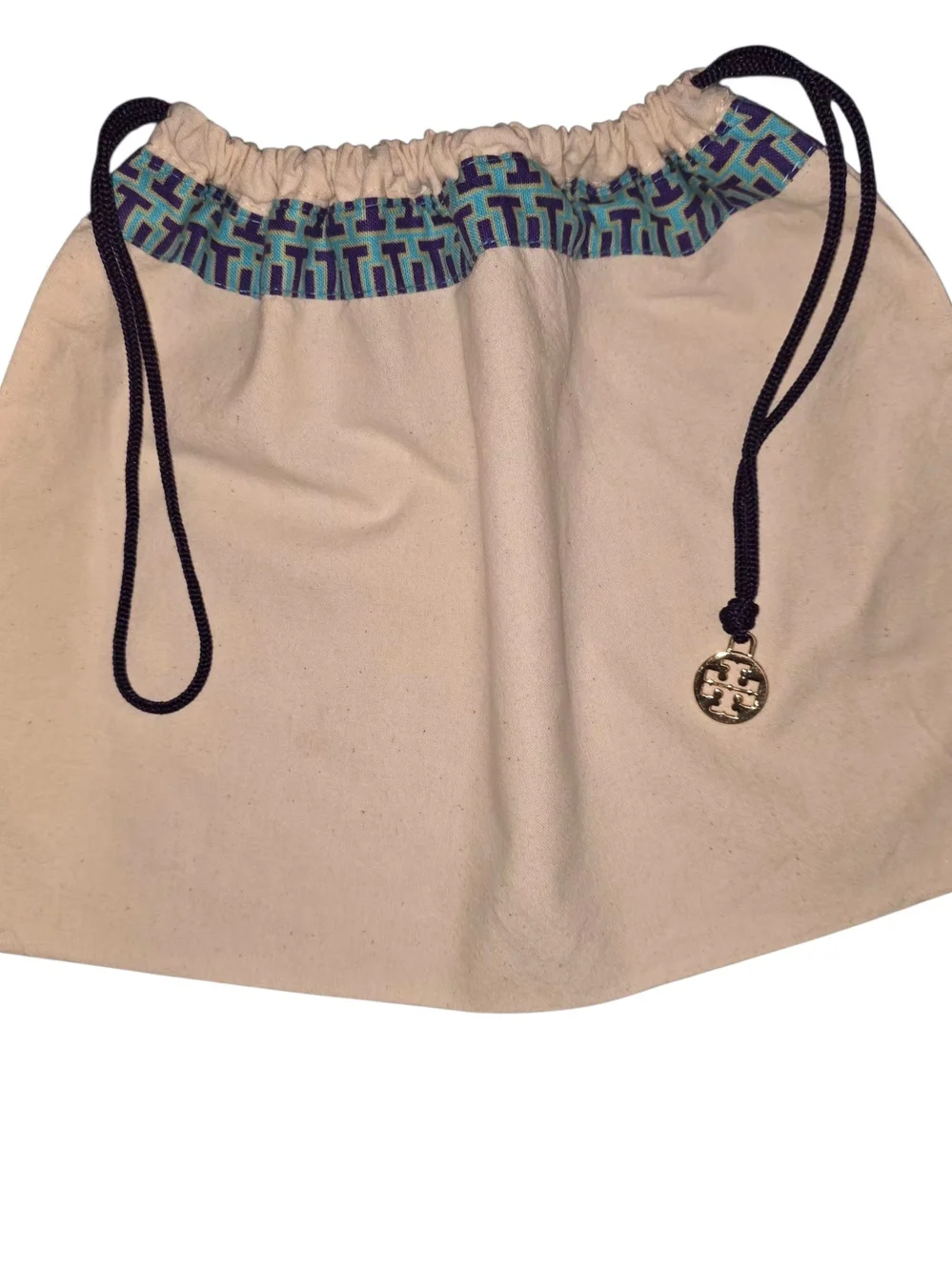 Tory Burch Beige Drawstring Dust Bag with Blue Trim- 3 Piece Set
